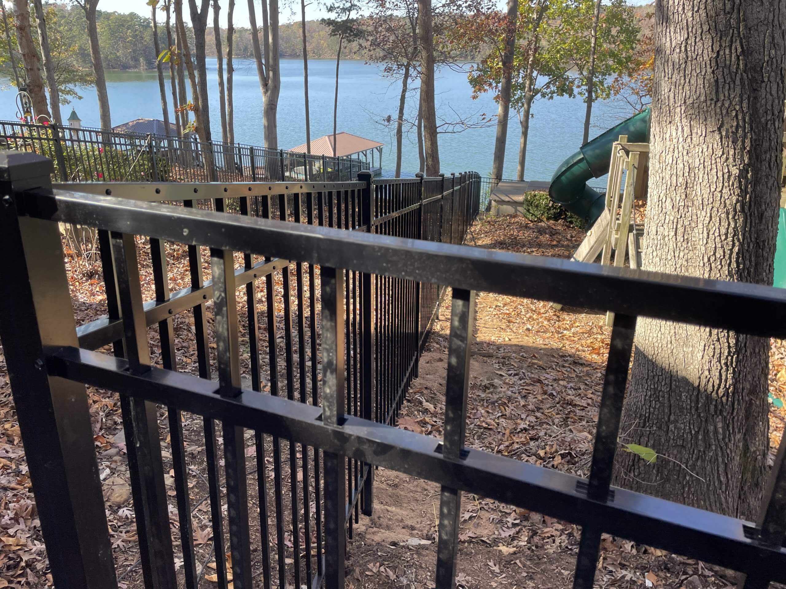 Black aluminum fence installation in Mount Holly NC, near Mount Island.