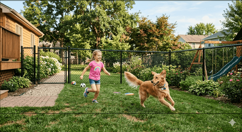 black chain link fence backyard and dog and kids playing | Chain link fence | Black Label Fence
